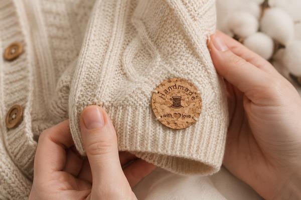 Étiquette ronde en liège « Handmade with love » cousue sur un vêtement écru en maille.