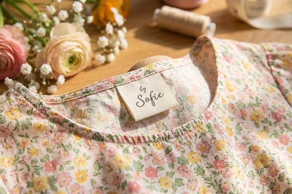 Étiquette crème en coton cousue dans une robe fleurie