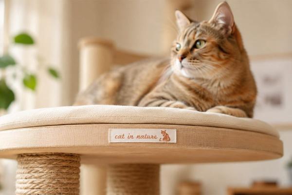 Étiquette en coton naturel avec texte brun sur meuble pour chat