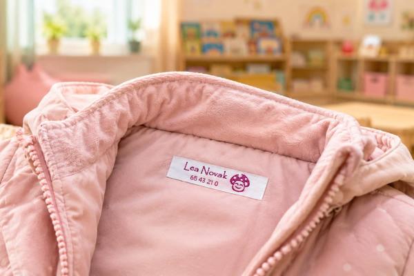 Étiquette prénom blanche avec texte violet dans veste enfant