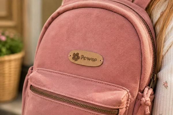 Étiquette ovale marron clair en papier FloraPap, fleur et texte « Power », cousue sur sac rose.