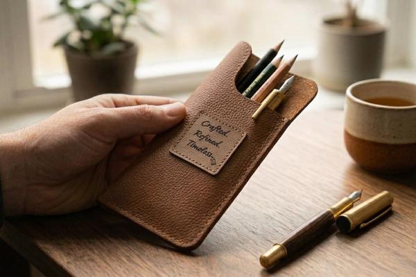 Étiquette carrée en cuir marron clair « Crafted, Refined, Timeless » sur étui à crayons brun.