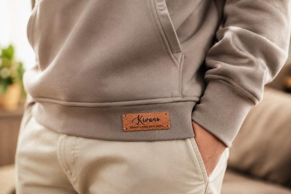 Étiquette rectangulaire marron aspect cuir avec logo personnalisé cousue au bas d’un sweat gris.