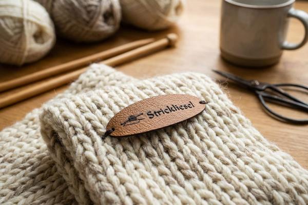 Étiquette ovale marron en simili cuir gravée sur tricot clair