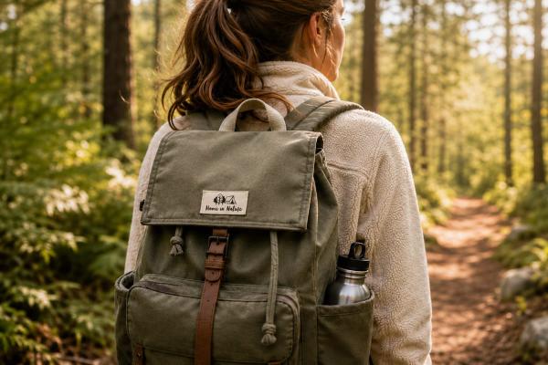 Étiquette en coton bio naturel avec texte noir sur sac à dos